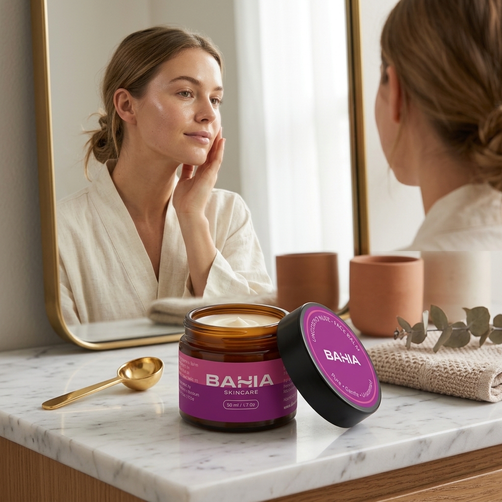 Bahia Tallow balm on marble vanity with woman in mirror
